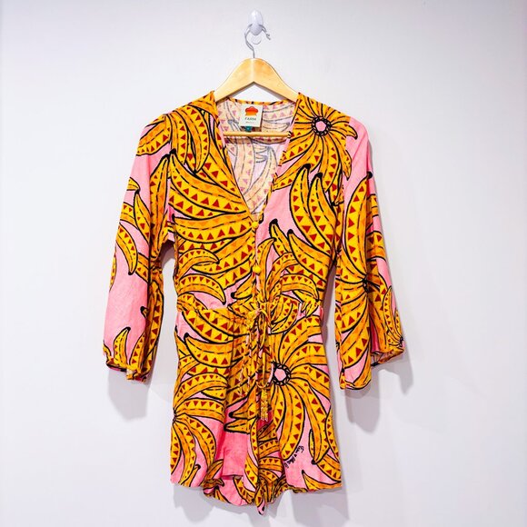 FARM RIO Pink Yellow Floral Banana Linen Romper | Tropical Vacation | Small * - Picture 2 of 11